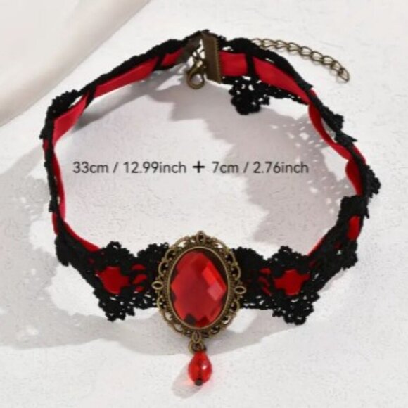 Gothic Teardrop Punk Choker Lace Necklace Vintage Style Red Black Clavicle Chain - Picture 5 of 9